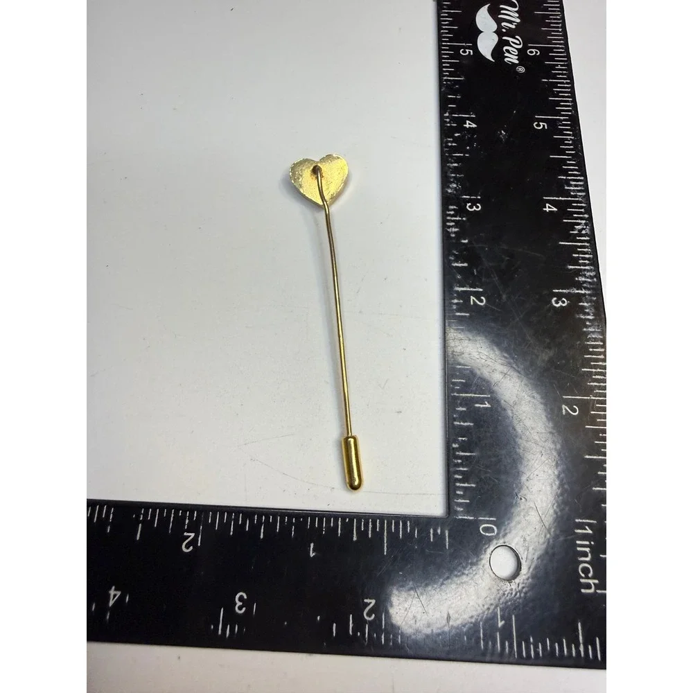 Antique Gold Tone Heart Stick Pin Rhinestone Accent Lapel Scarf Pin 2.5 Inch